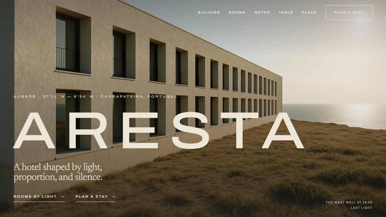 Aresta homepage placing the long west wall of the coastal hotel against grassland and the Atlantic at last light.
