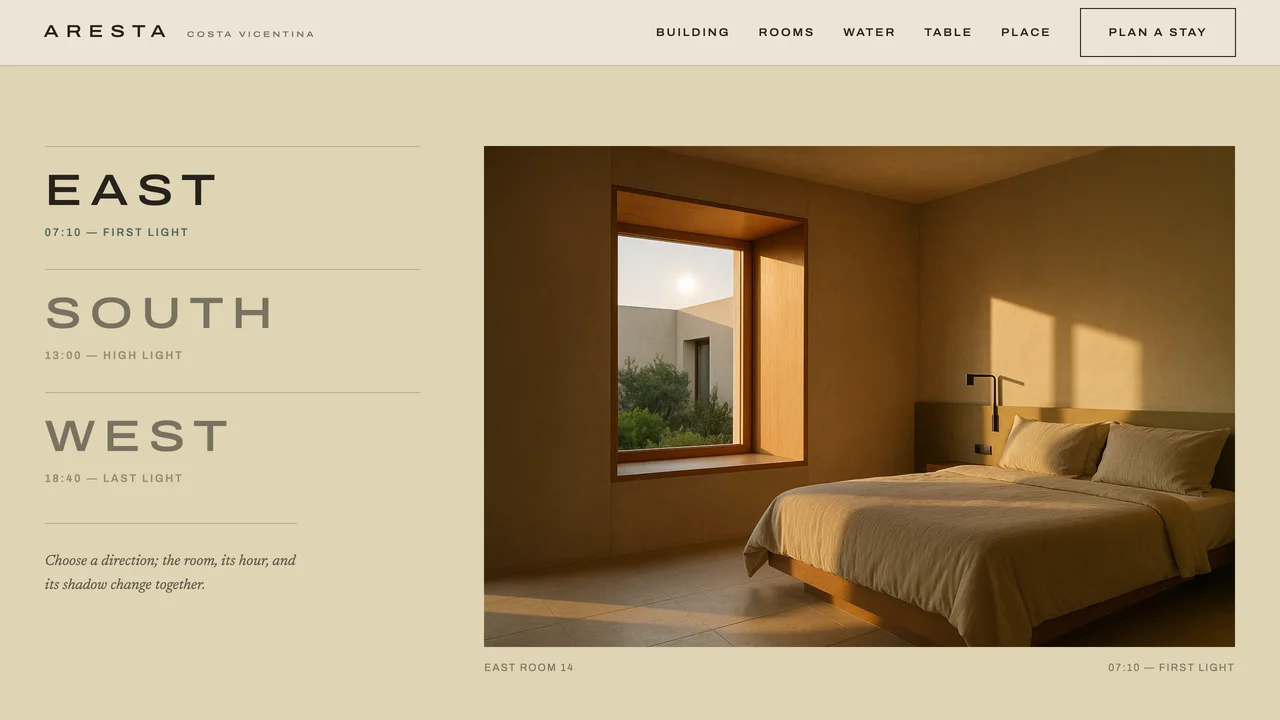 Aresta rooms-by-light view pairing east, south, and west orientations with an east-facing room at first light.