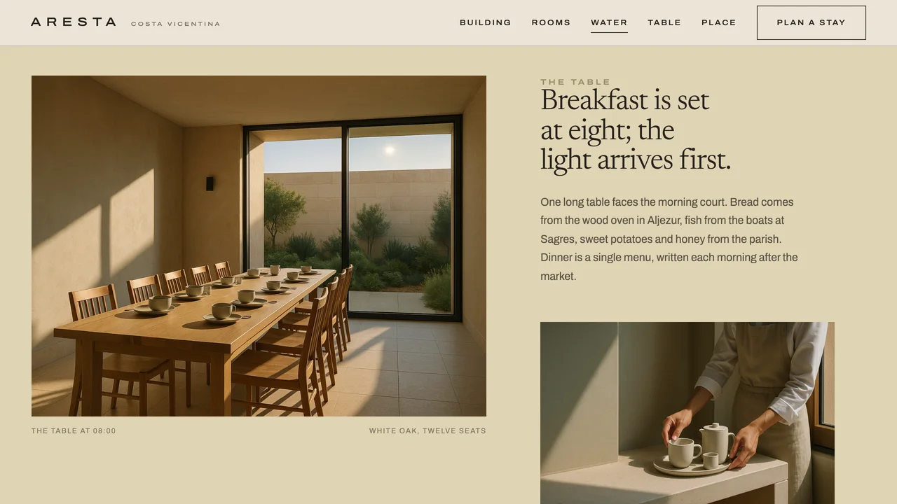 Aresta table chapter showing breakfast set in the morning court and a host arranging ceramics in the light.