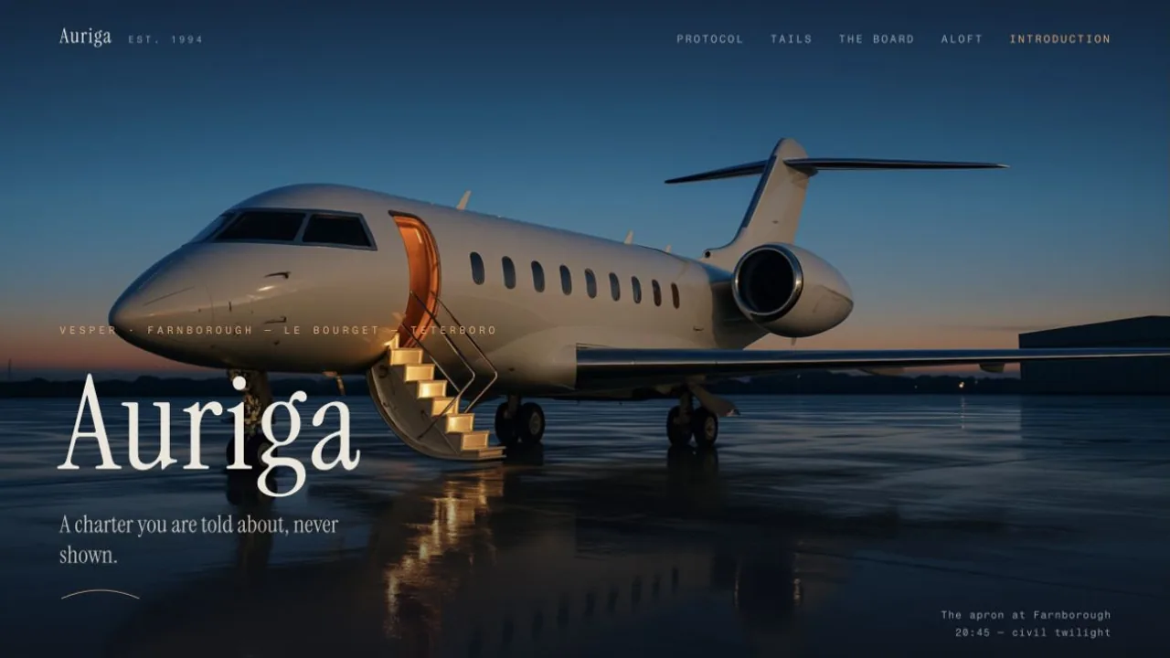 Auriga homepage showing a private aircraft on a twilight apron.