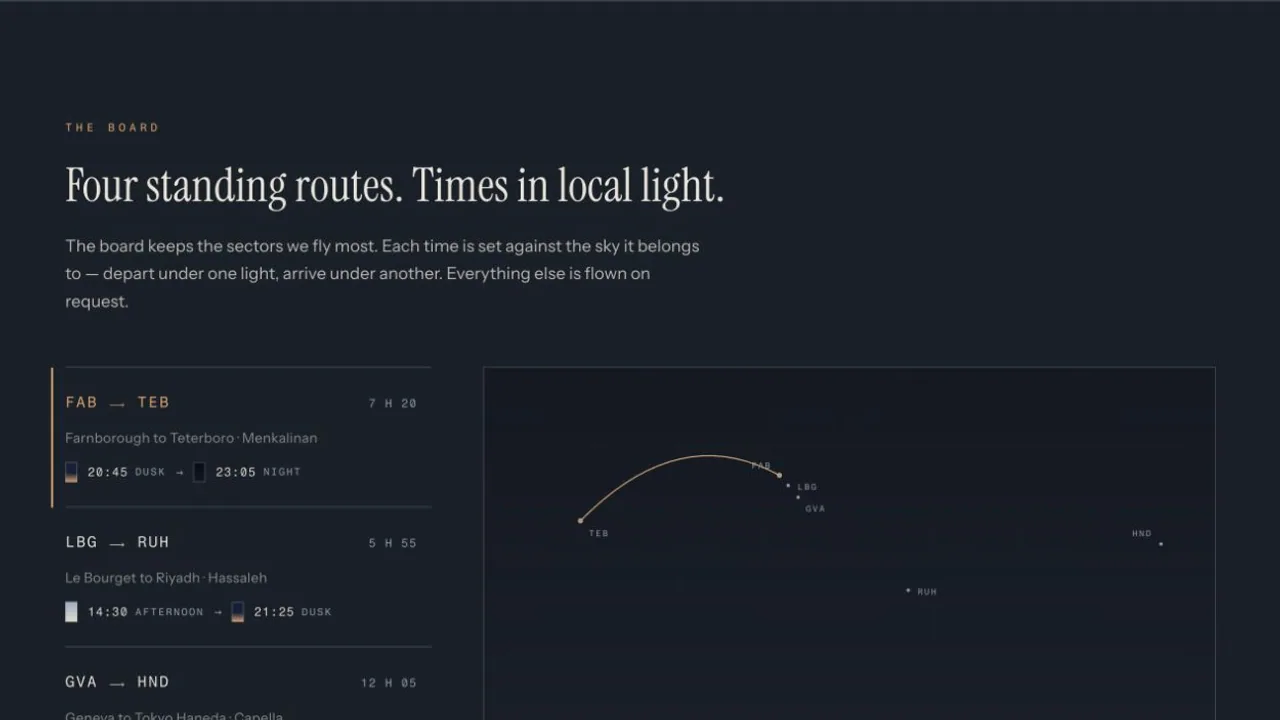 Auriga route board for composing a private charter between quiet fields.