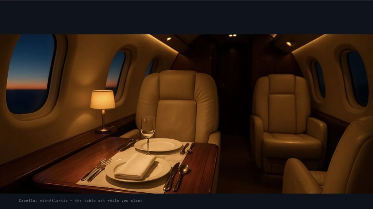 Auriga aloft section showing a restrained private aircraft cabin.