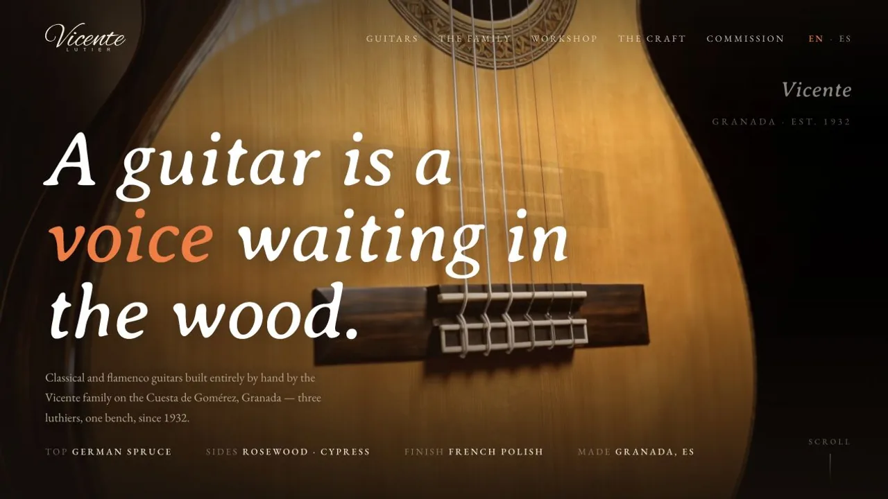 Casa Vicente homepage featuring a close view of a handmade Spanish guitar and the words “A guitar is a voice waiting in the wood.”