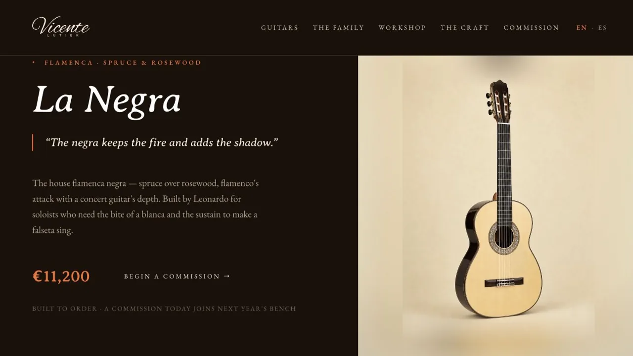 La Negra guitar detail page presenting its voice, woods, construction, and builder.