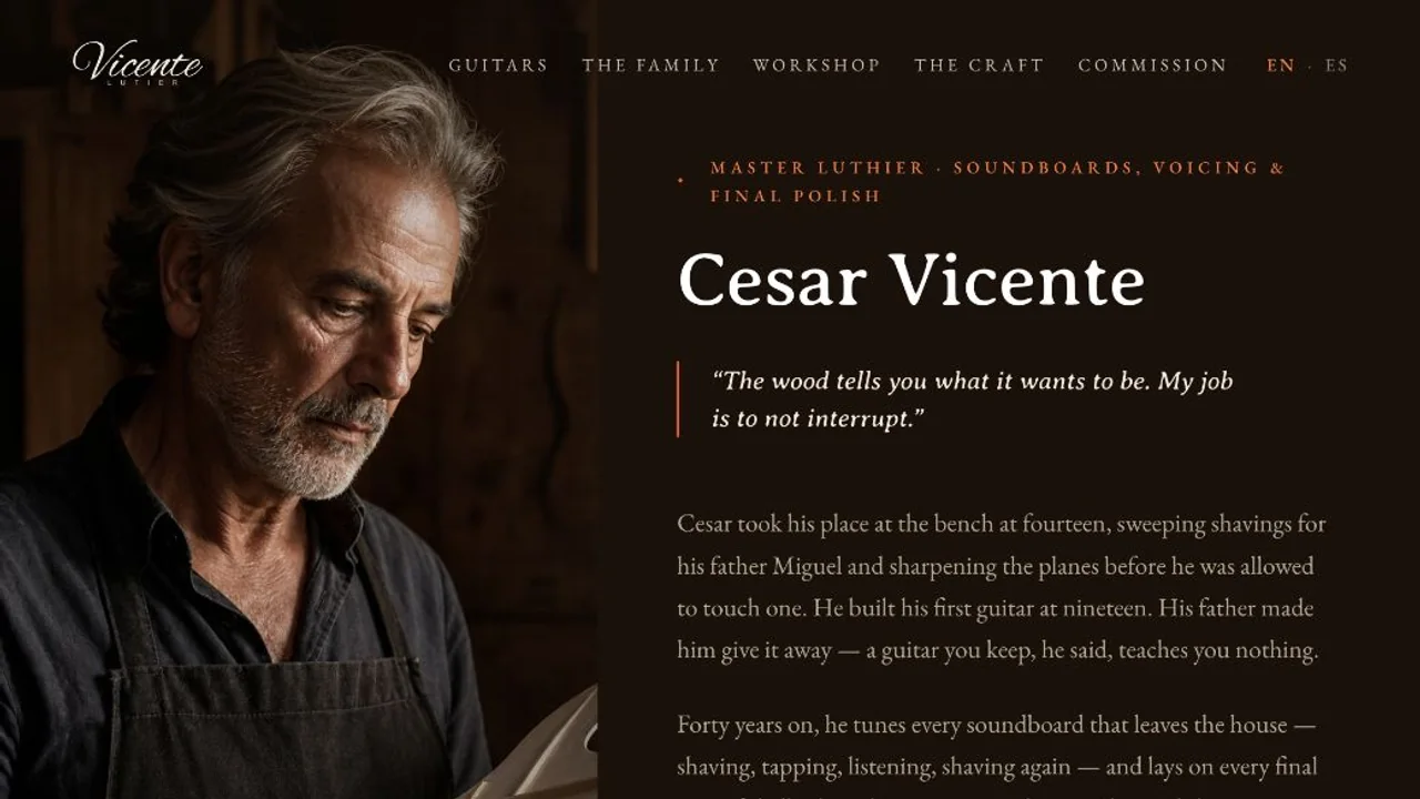 Portrait-led profile of master luthier César Vicente describing his approach to soundboards, voicing, and final polish.