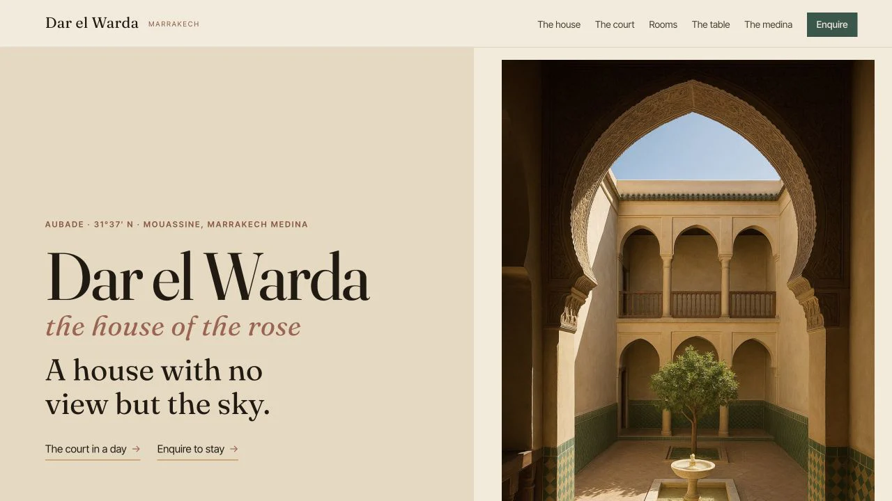 Dar el Warda homepage pairing its name and the statement “A house with no view but the sky” with an arched courtyard view.