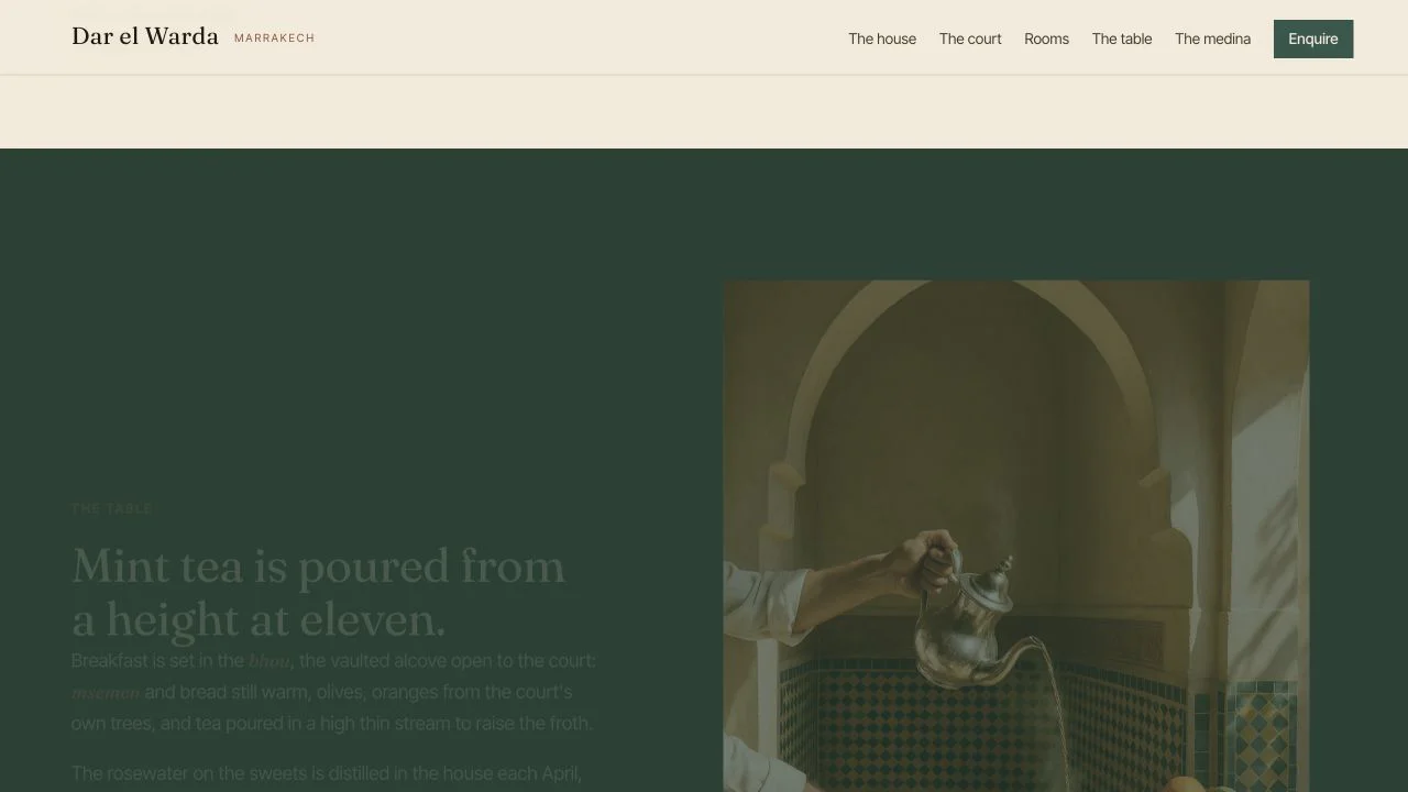 Dar el Warda table view pairing a tea ritual with a quiet green editorial panel.