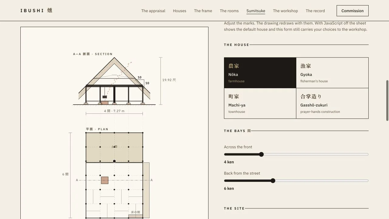 Ibushi Sumitsuke interface pairing a responsive architectural drawing with typology and climate controls.