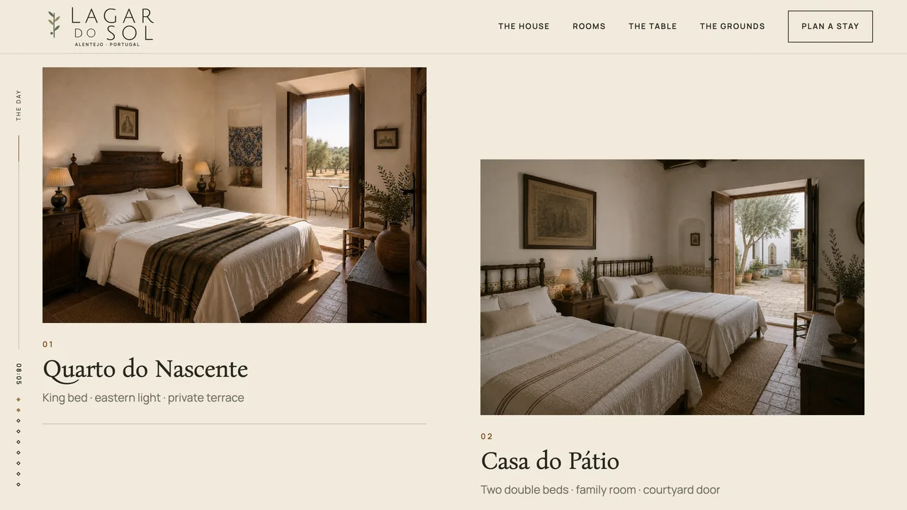 Lagar do Sol rooms page pairing Quarto do Nascente and Casa do Pátio guest rooms in a warm, asymmetrical editorial composition.