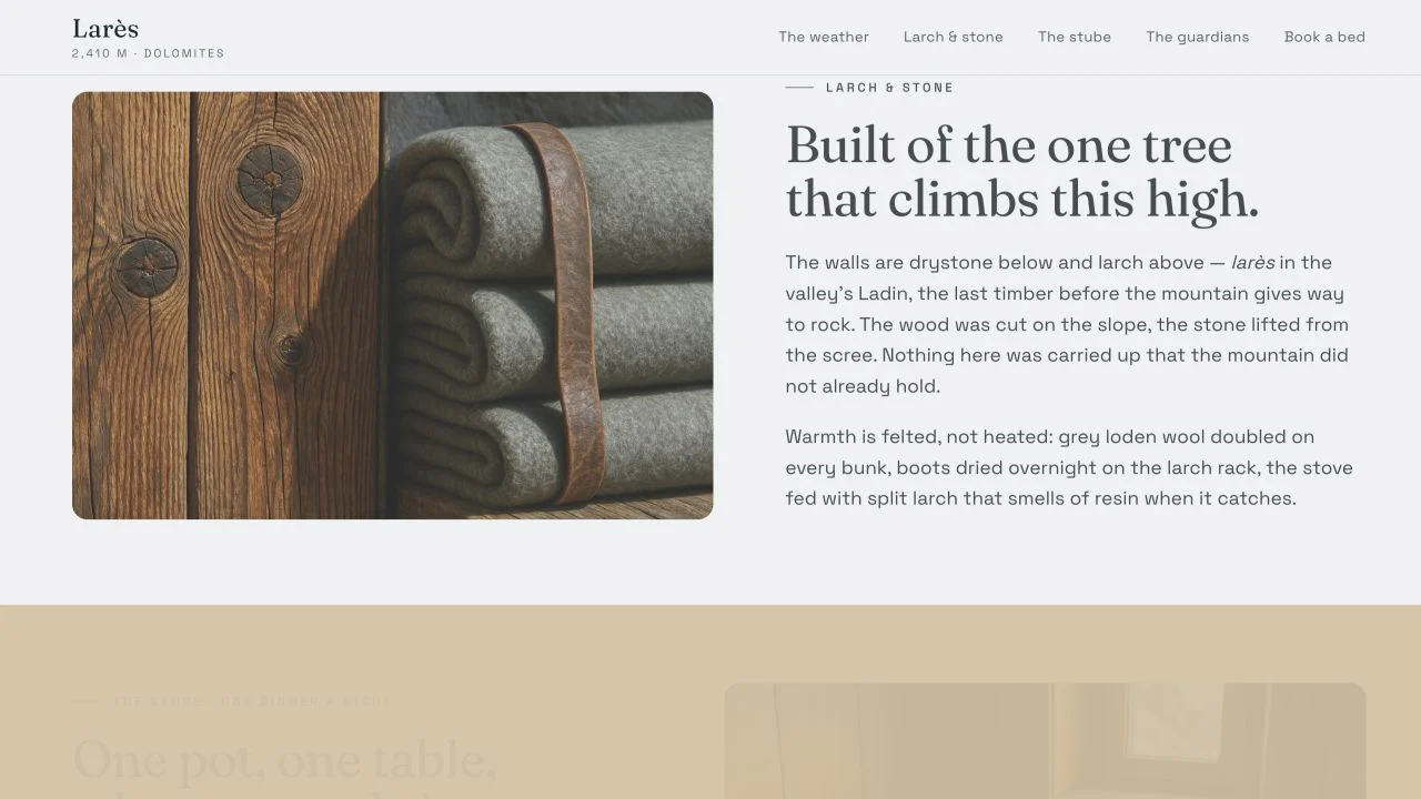 Larès material story pairing mountain timber with a statement about the one tree that climbs this high.