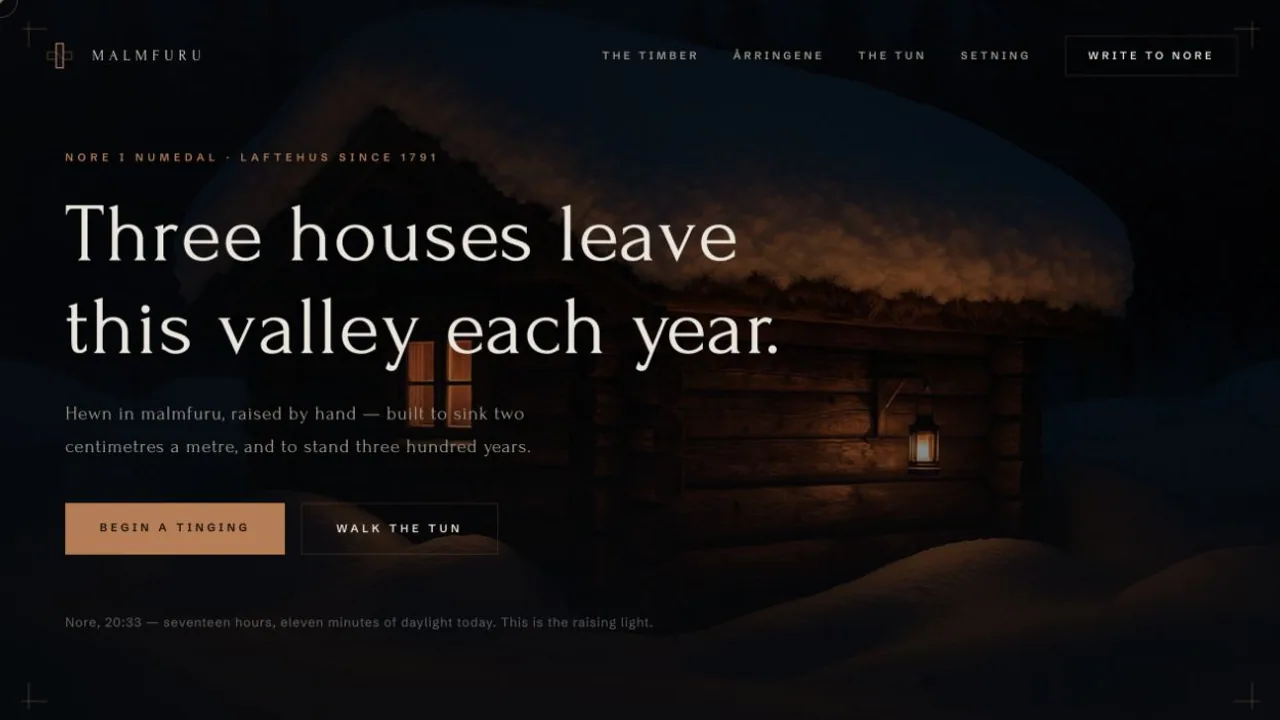 Malmfuru homepage showing a glowing log house in a snowy Norwegian night.