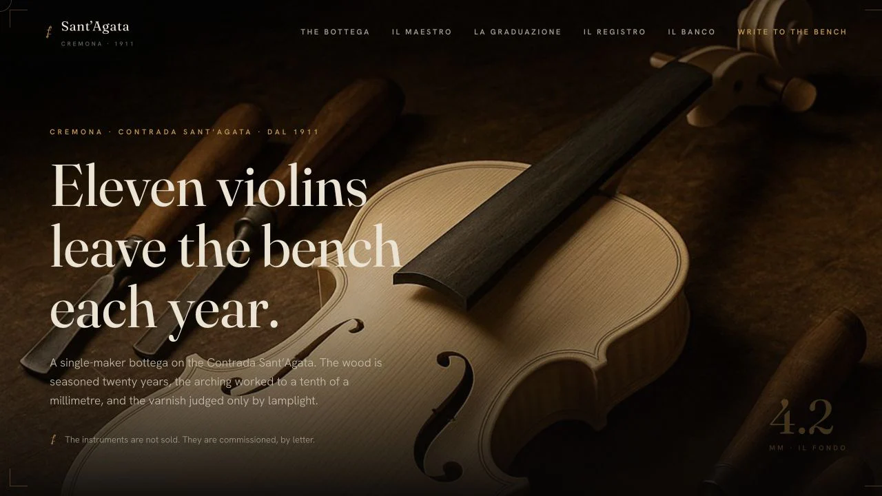 Sant’Agata homepage showing a finished violin under lamplight and the statement that eleven violins leave the bench each year.