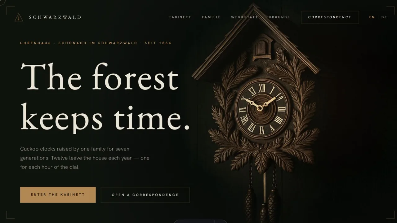 Schwarzwald homepage featuring a carved cuckoo clock against a forest-green field.