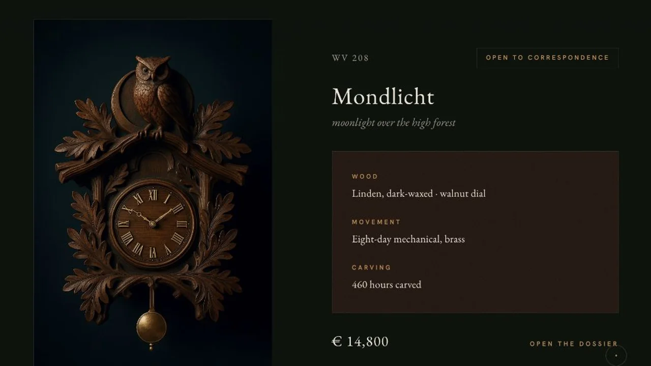 Mondlicht owl clock dossier showing its carved linden case, eight-day brass movement, 460 carving hours, and correspondence status.