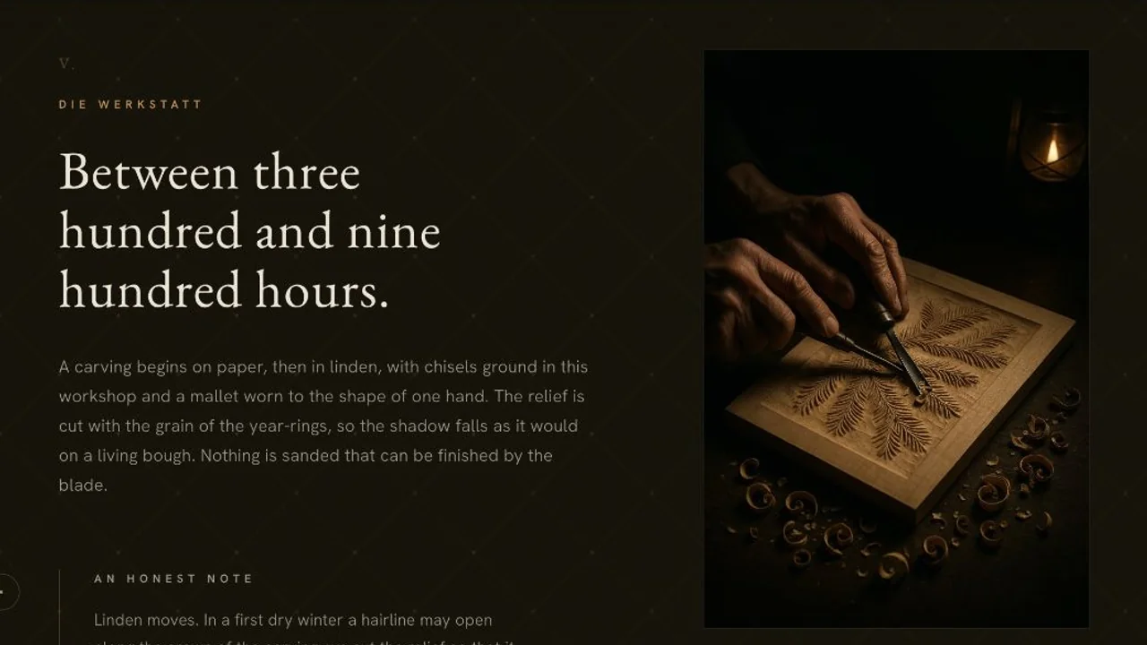 Schwarzwald workshop chapter pairing a hand-carved linden relief with notes on carving hours, grain, and the living movement of wood.
