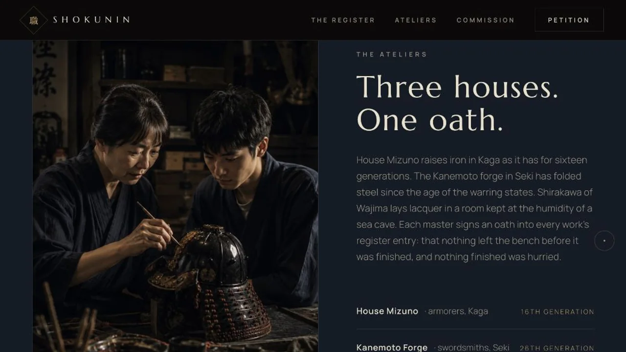 Two Shokunin artisans restoring a lacquered helmet beside an introduction to the three atelier houses.
