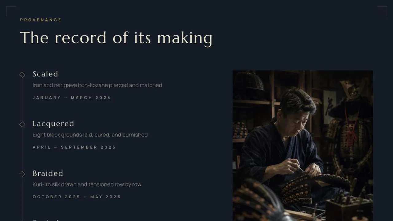 The provenance record for Musubi, tracing its scaling, lacquering, and braiding beside its maker at work.