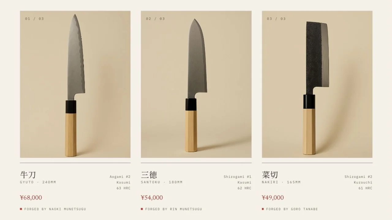 Suntoku collection showing gyuto, santoku, and nakiri knives with steel, finish, hardness, maker, and price.