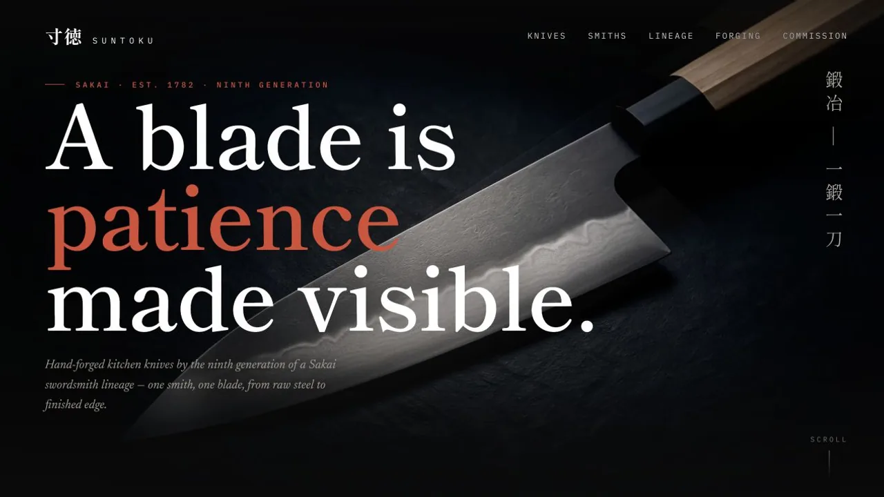 Suntoku homepage featuring a hand-forged kitchen knife and the words “A blade is patience made visible.”