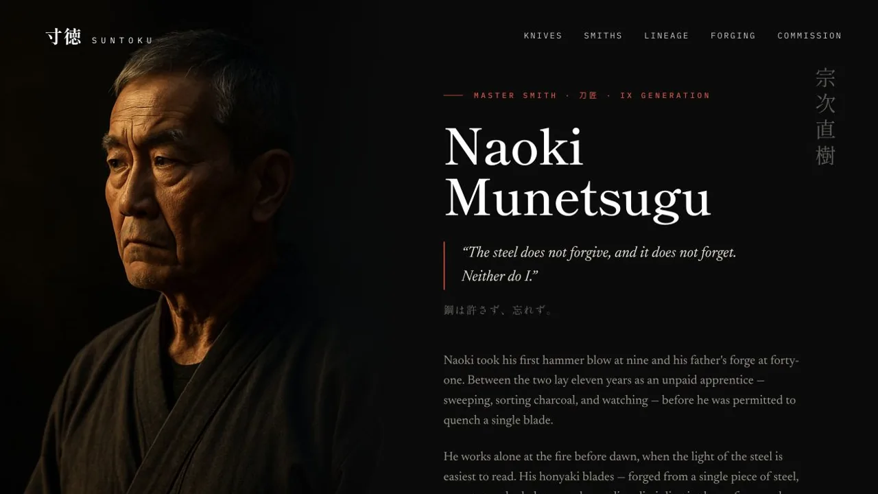 Portrait-led profile of Suntoku master smith Naoki Munetsugu.
