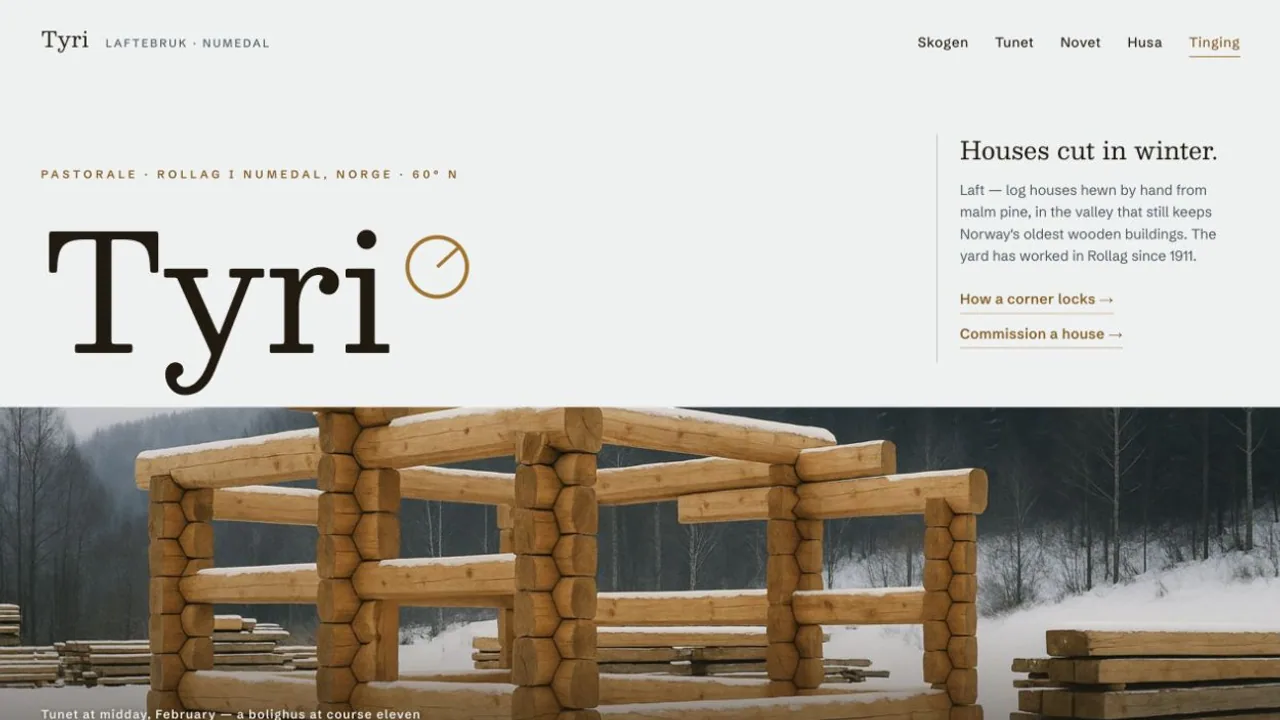 Tyri homepage showing a hand-hewn log yard in bright Norwegian snow.