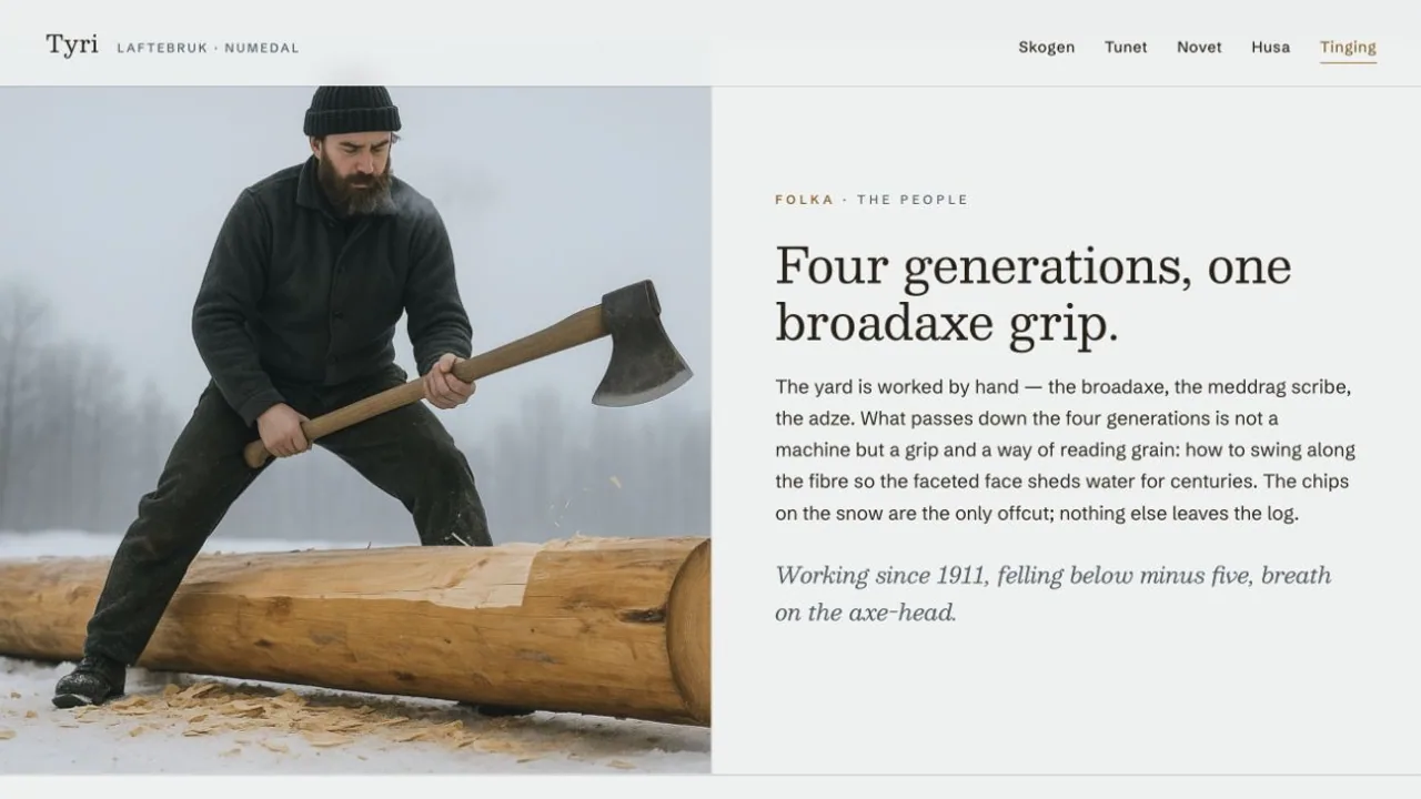Tyri people section showing a craftsperson working a log by hand.