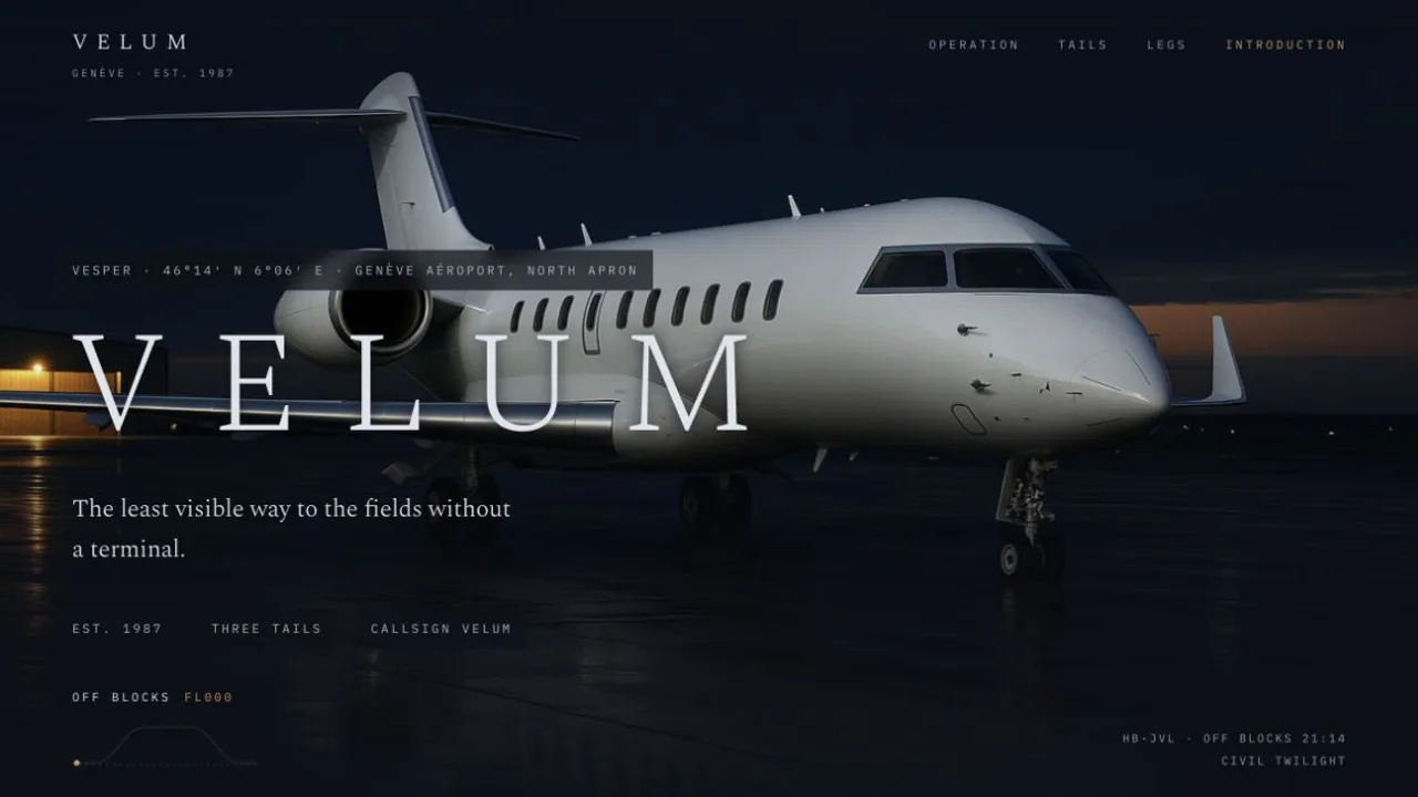 Velum homepage showing a short-field aircraft on a twilight alpine apron.