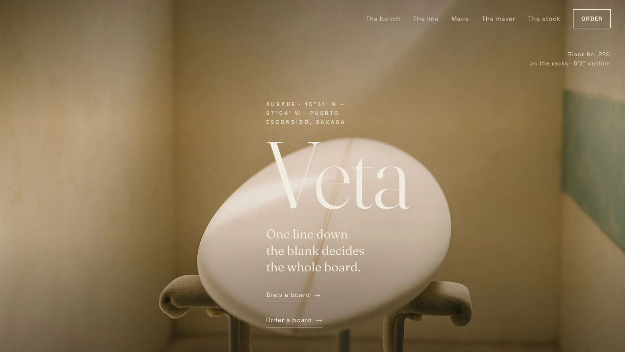 Veta homepage showing a surfboard blank in the shaping bay and the statement that one line decides the whole board.