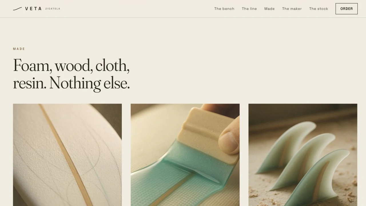 Veta material view presenting foam, wood, cloth, and resin as the substance of the finished board.
