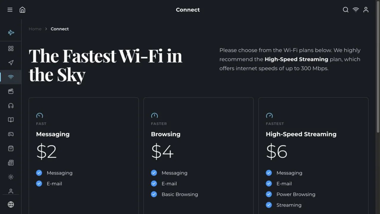 MachIFE connectivity page comparing messaging, browsing, and high-speed streaming Wi-Fi plans.