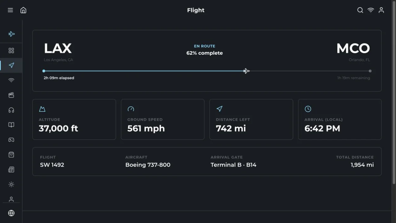 MachIFE flight view showing route progress from Los Angeles to Orlando, timing, altitude, speed, and arrival details.