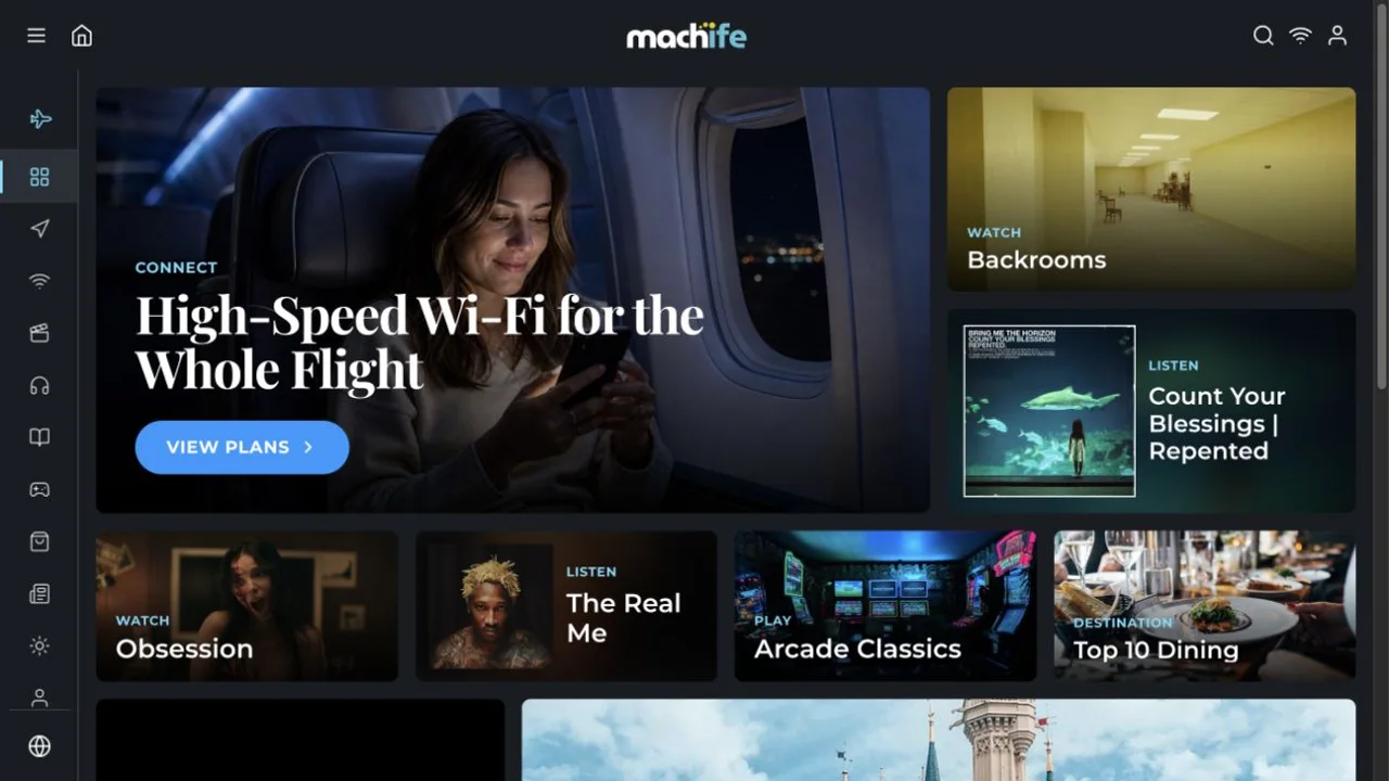 MachIFE passenger portal dashboard with Wi-Fi, entertainment, games, destination, and flight-service modules.