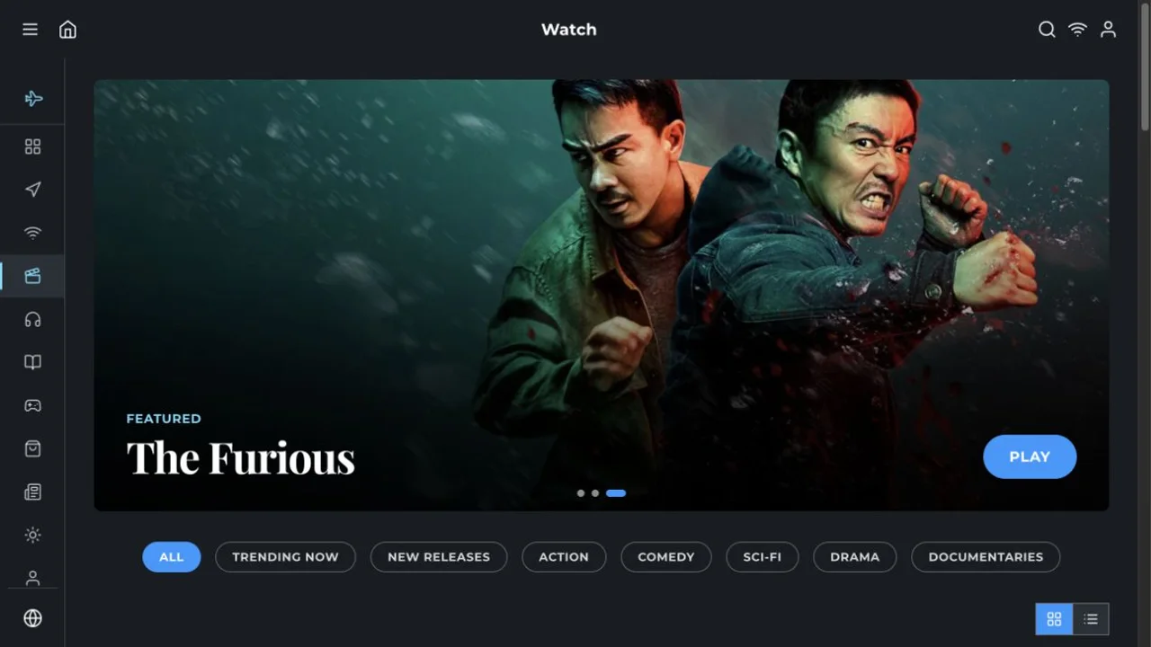 MachIFE Watch catalog with a cinematic featured title, genre filters, and persistent passenger navigation.