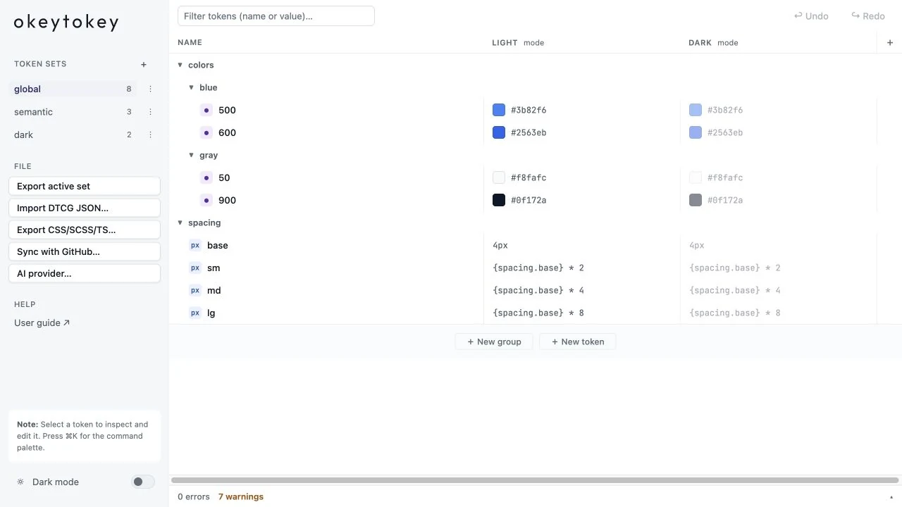 Okeytokey token inventory showing primitive colors, semantic groups, modes, and spacing values.