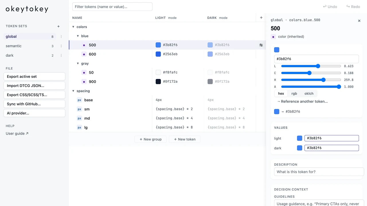 Okeytokey token editor showing color controls, light and dark values, description, and decision context.