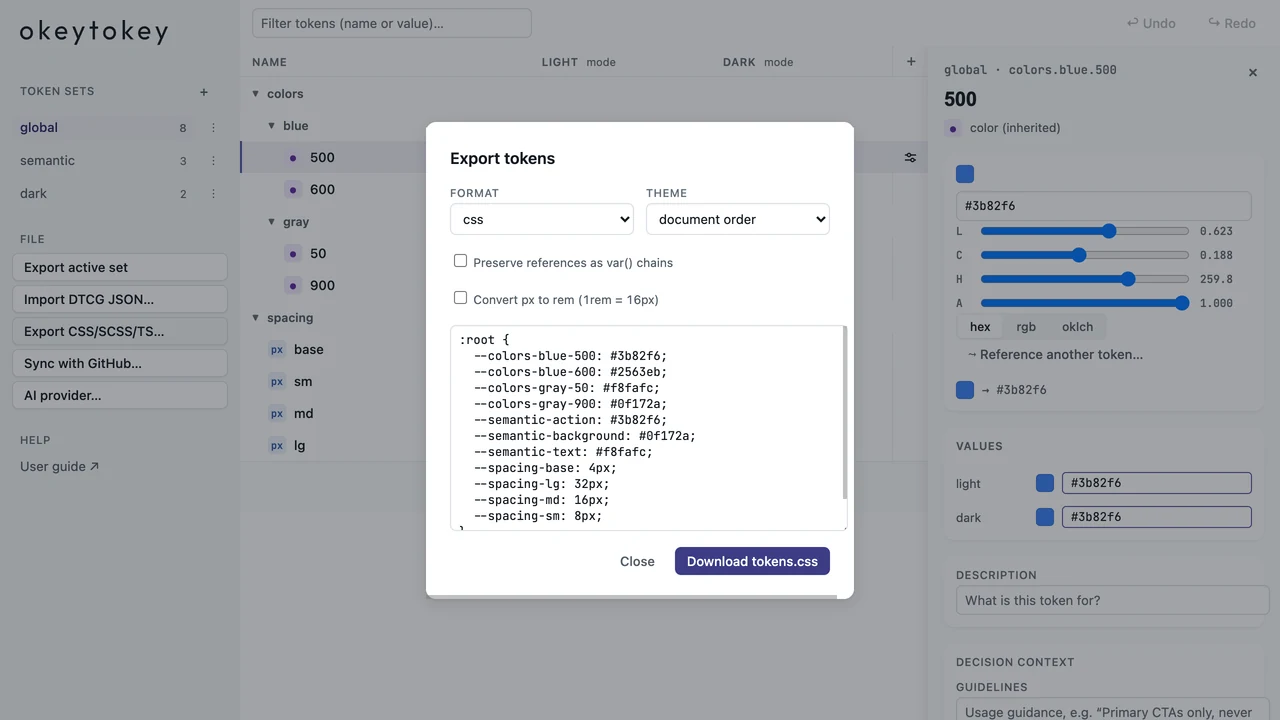 Okeytokey CSS export dialog showing generated custom properties and export controls.