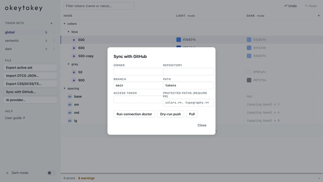 Okeytokey GitHub synchronization dialog with repository, branch, protected path, dry-run, push, and pull controls.