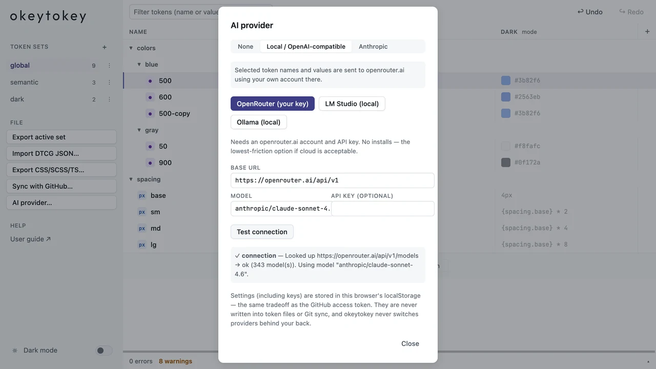 Okeytokey AI provider dialog with bring-your-own-key and local model options.