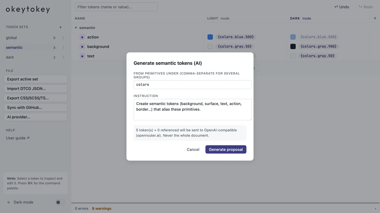 Okeytokey dialog for generating a scoped semantic token proposal from selected primitives.