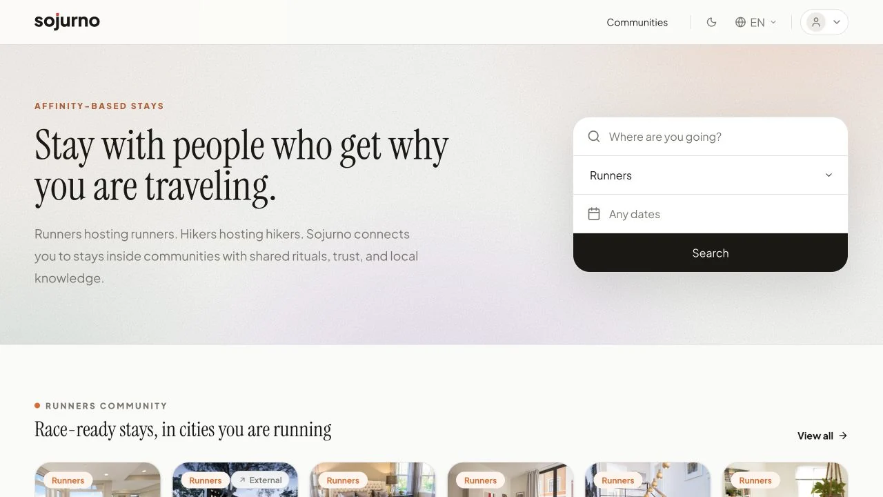 Sojurno homepage pairing an affinity-based stays proposition with community search and race-ready listings.