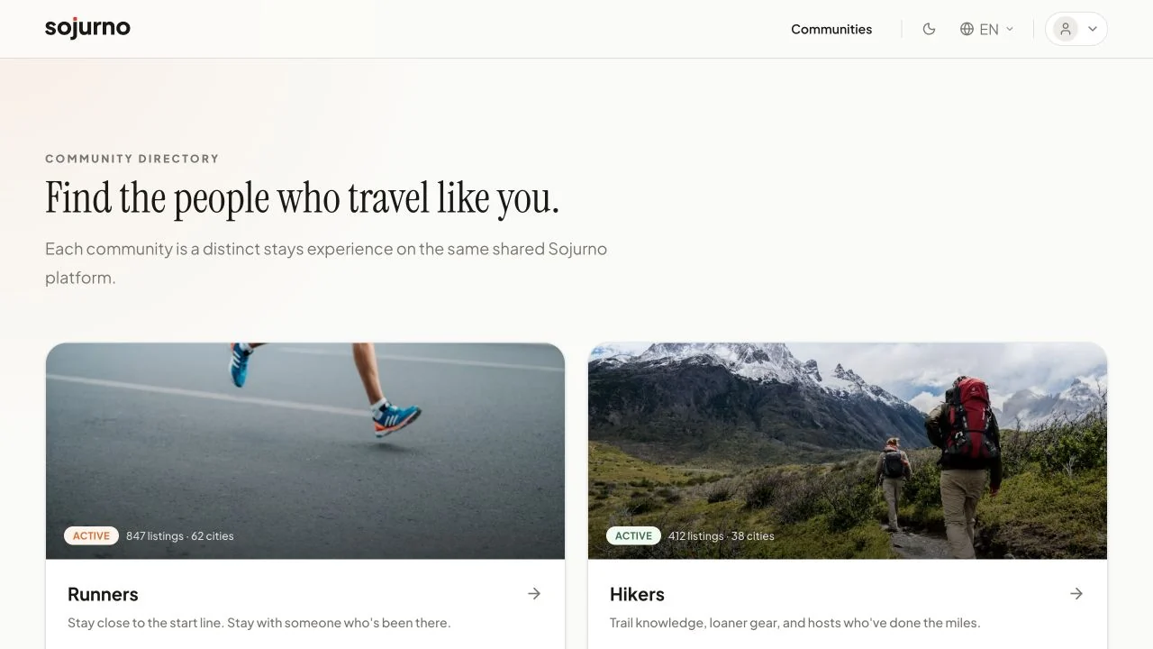 Sojurno community directory showing distinct Runners and Hikers experiences on one shared platform.