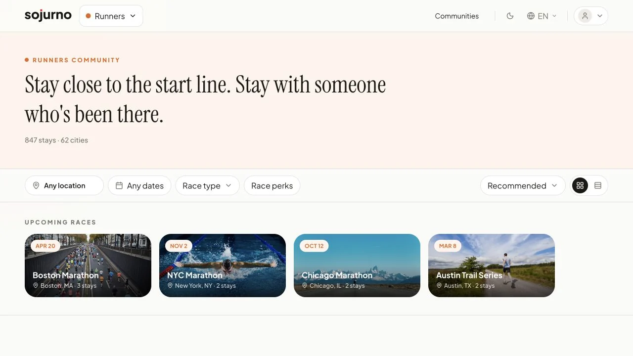 Sojurno Runners discovery page with race-specific filters and upcoming marathon collections.