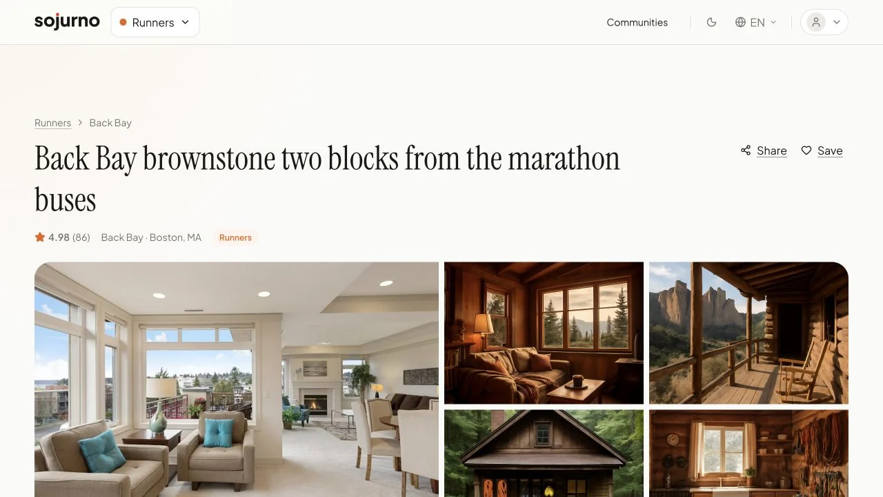 Sojurno stay detail page for a Back Bay brownstone near Boston Marathon transportation.